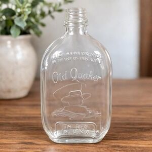 Vintage Old Quaker Whiskey Bottle Pint Clear Glass Embossed Bar Decor